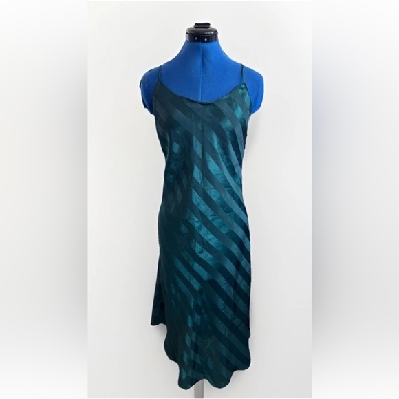 Vintage 90s Lingerie Cacique Emerald Shiny Striped Nightgown Slip Dress Small - Picture 3 of 7